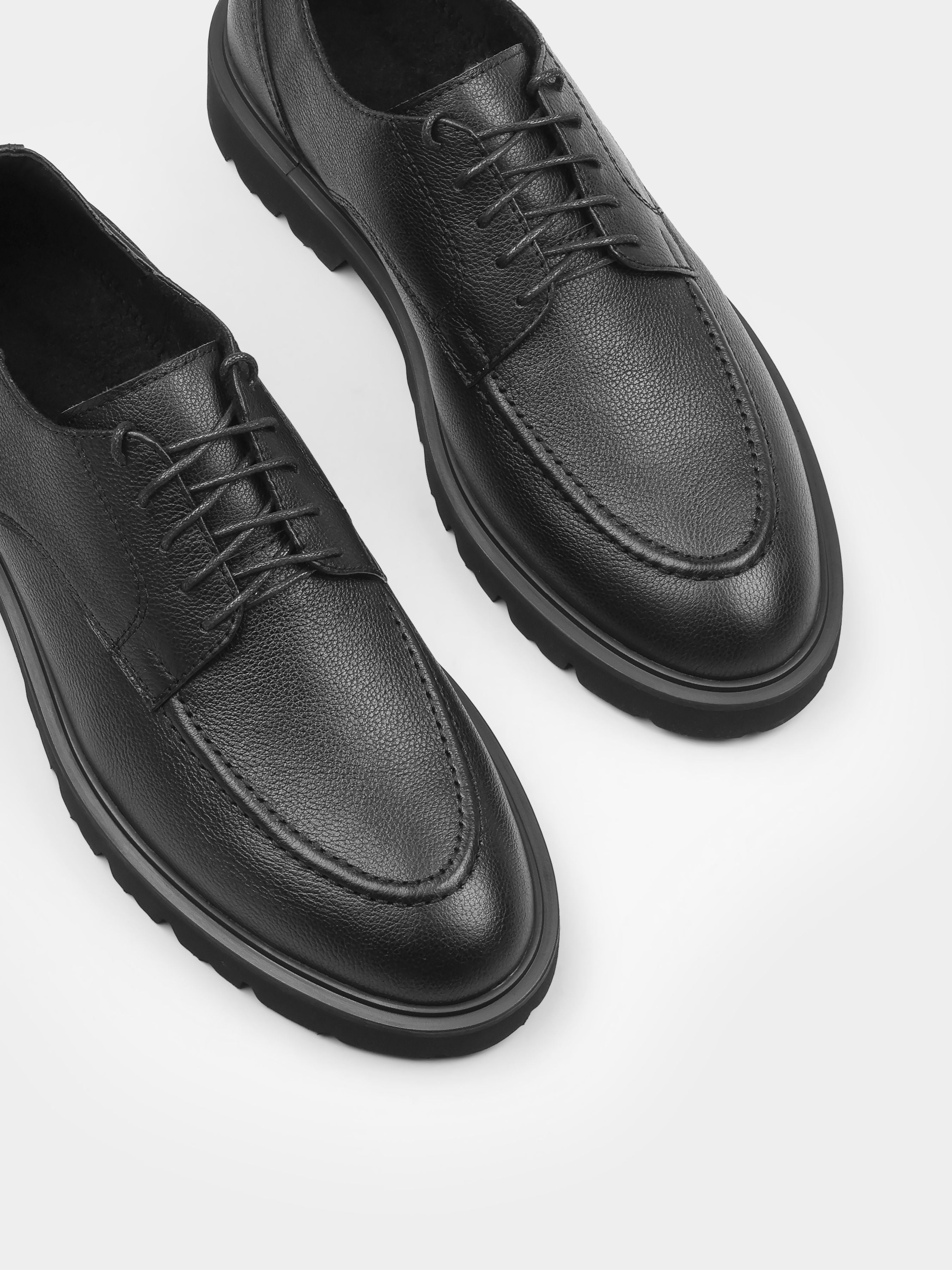 Derby, Algore, Total Black, Men's shoes, natural leather upper and fleece lining, diagonally view