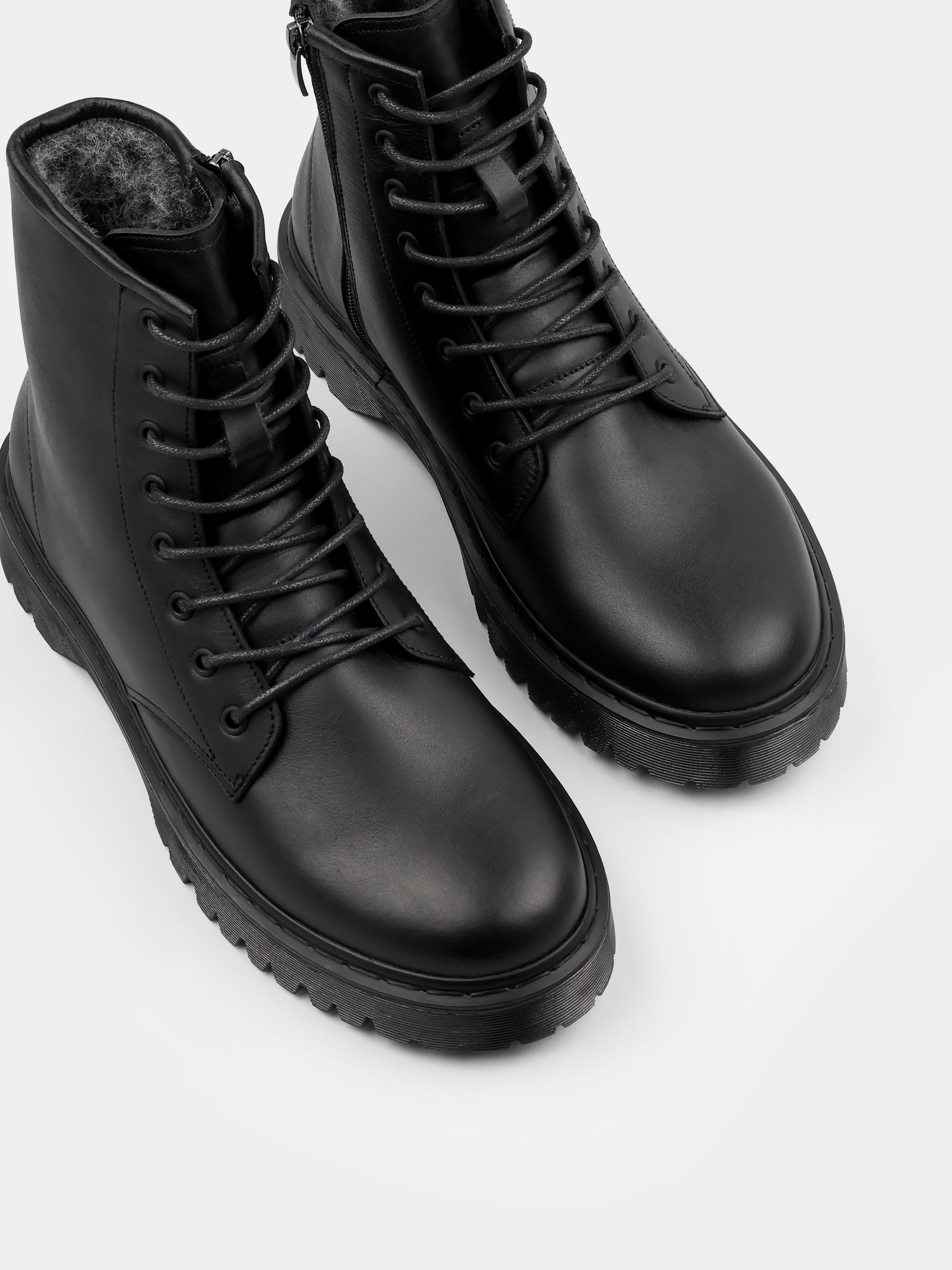 Boots, Winter Bacio, Black, Men's shoes, natural leather upper and fleece lining, diagonally view
