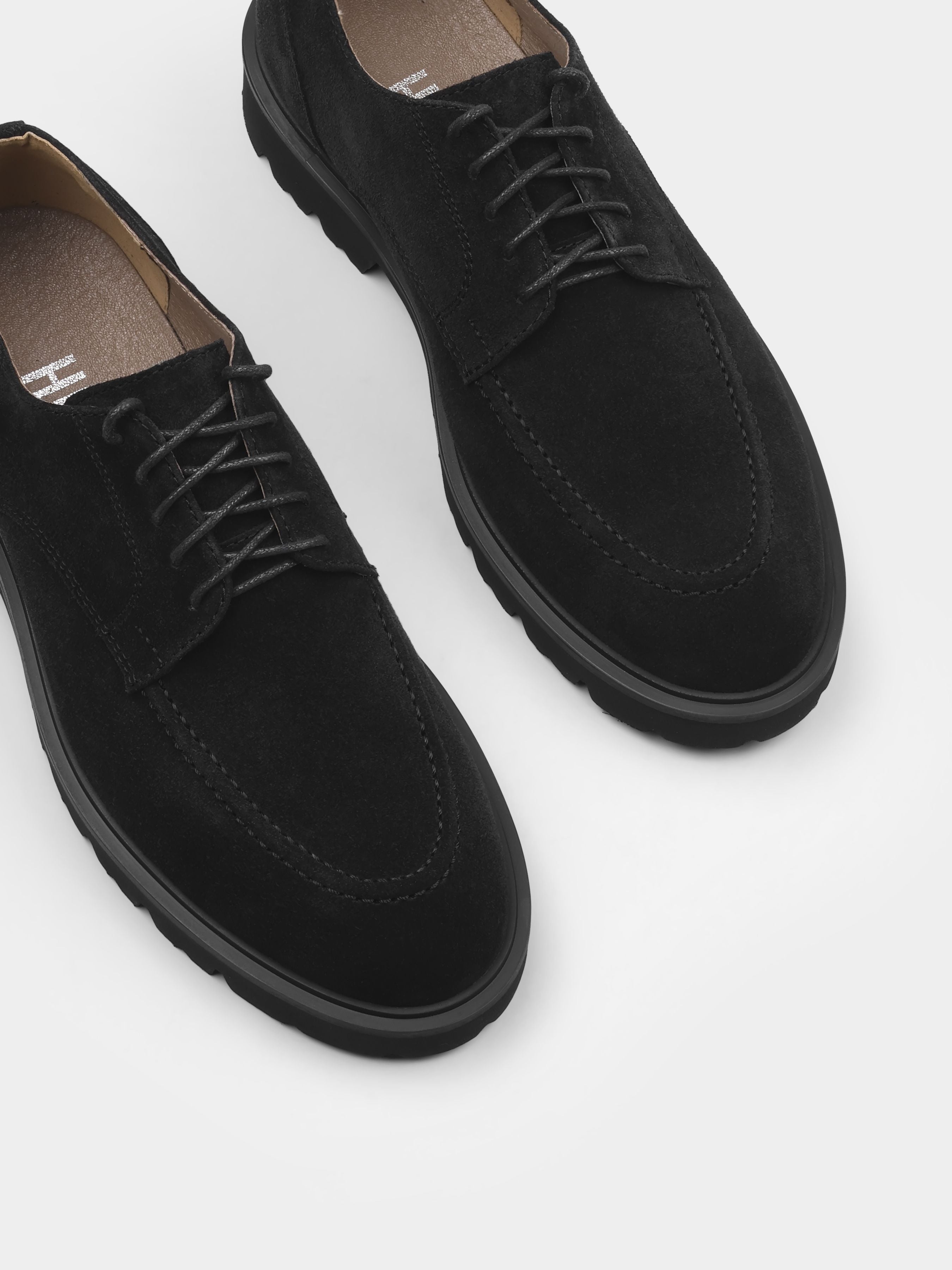 Derby, Algore, Black Suede, Men's shoes, natural leather lining and upper suede, diagonally view