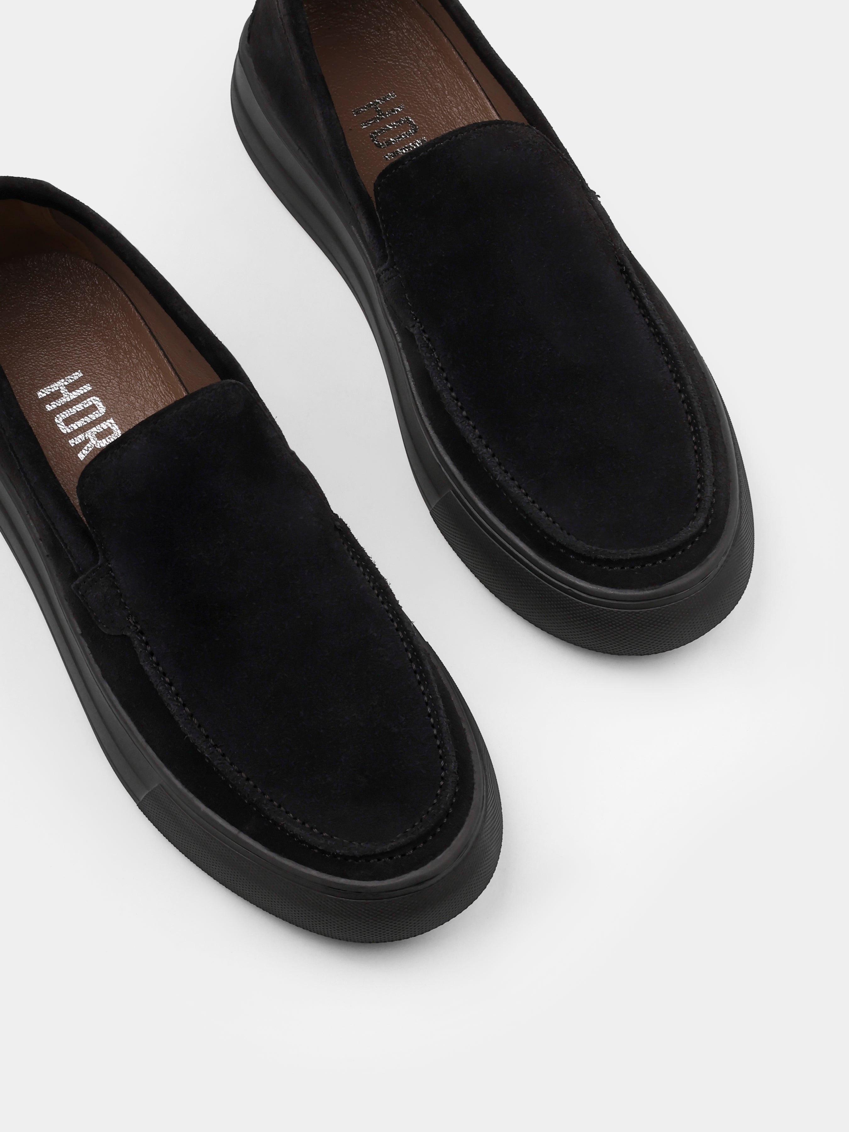 Loafers, Spectrum, Black Suede, Men's shoes, natural leather lining and upper suede, diagonally view