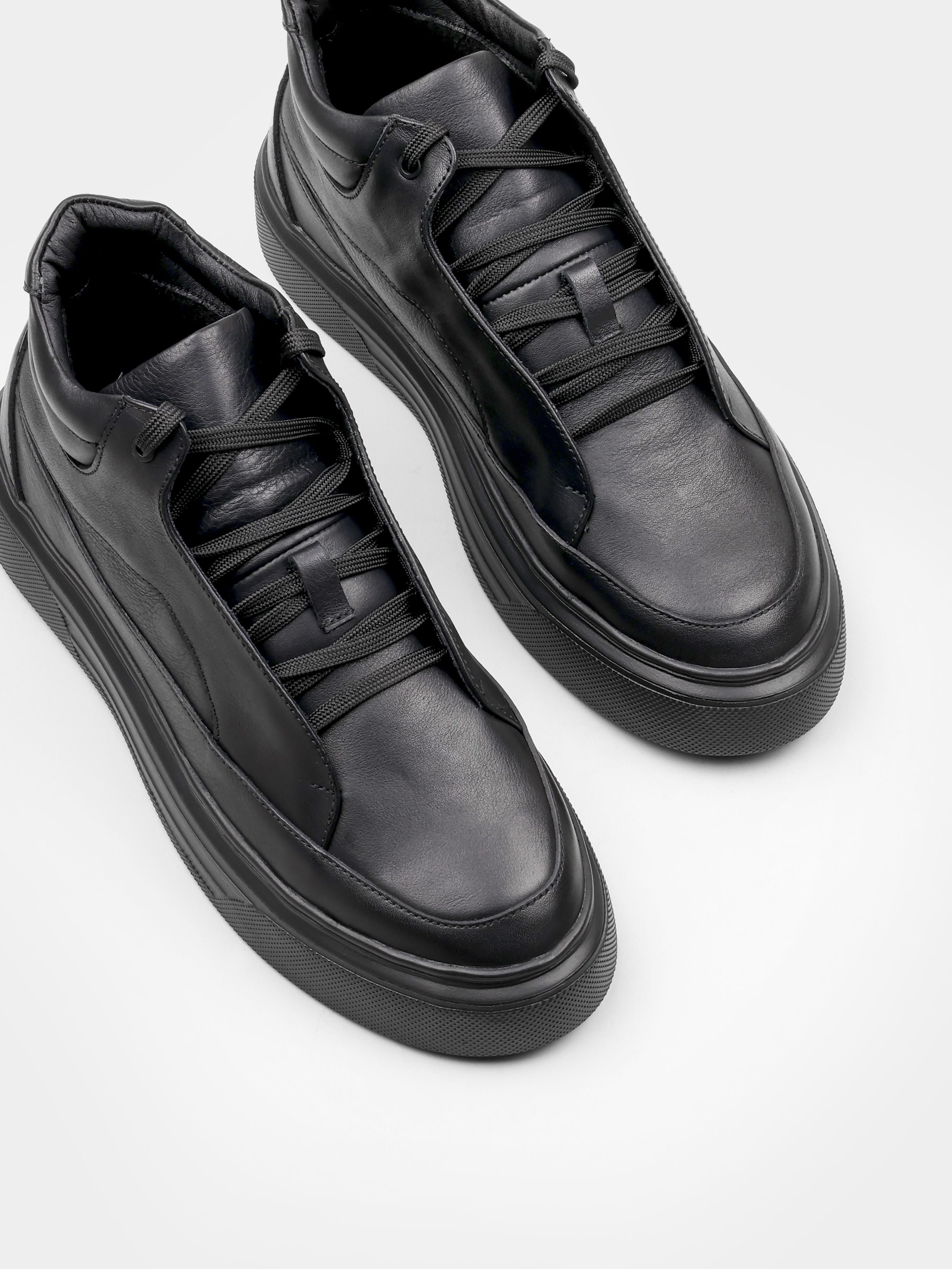 Sneakers, Roma, Black, Men's shoes, natural leather and upper and fleece lining, diagonally view