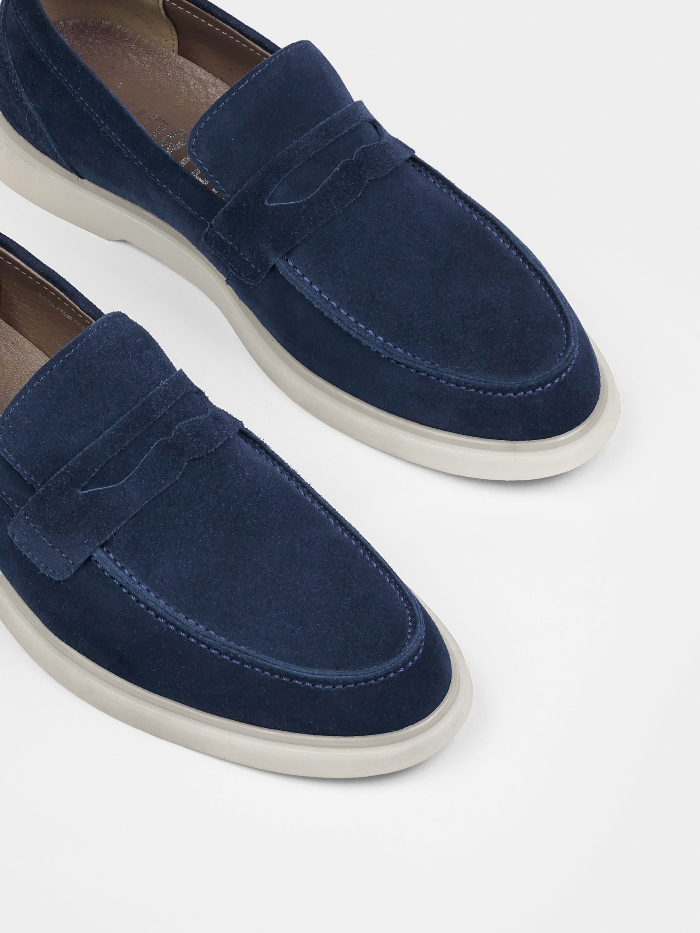Loafers,Prospero, Navy, Men's shoes, natural leather lining and upper suede, diagonally view